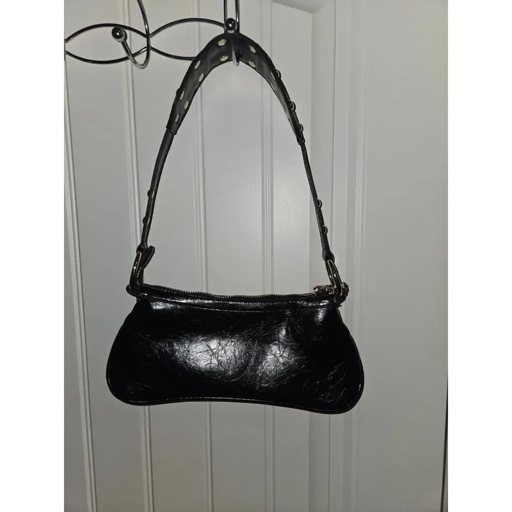 True Religion Black Patent Shoulder Bag Purse Studded Strap Zip Top Y2K Style